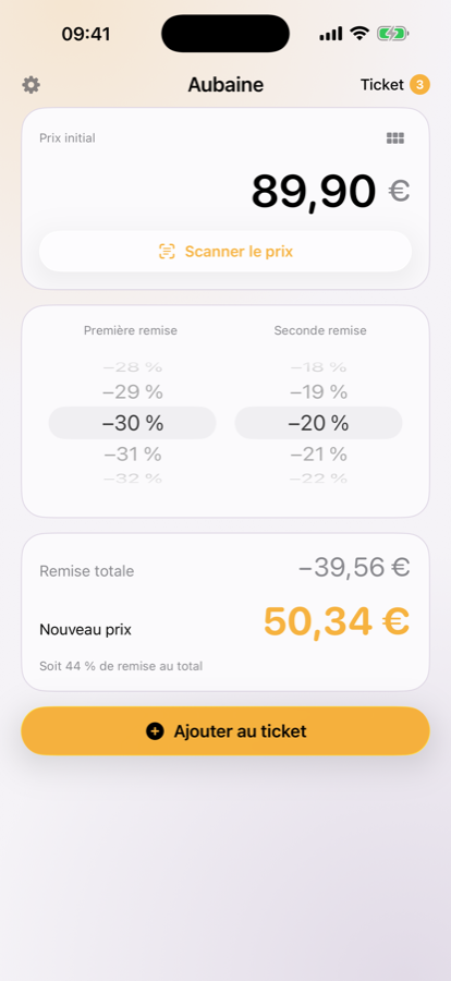 La calculette d'Aubaine : 89,90 € avec −30 % puis −20 % donne 50,34 €