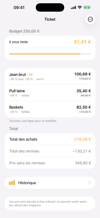 Le ticket de caisse d'Aubaine avec un budget de 250 € et trois articles