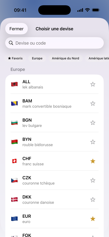 Le sélecteur de devises de KifKif, classé par continent