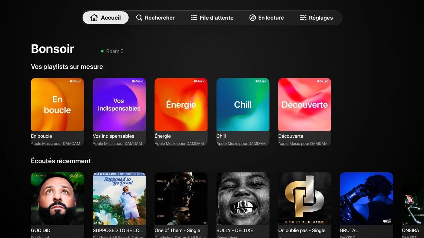 Platine sur Apple TV : la barre d'onglets en haut, les nouveautés Apple Music et l'enceinte Roam 2