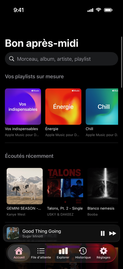 L'accueil de Platine sur iPhone : les playlists sur mesure, les albums écoutés récemment et le lecteur en bas d'écran