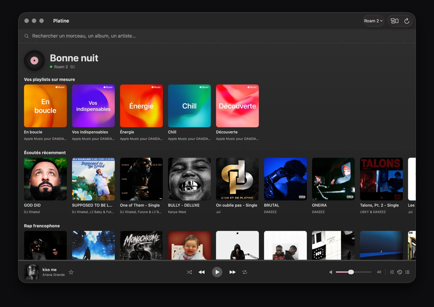 Platine sur Mac : vos playlists Apple Music sur mesure, vos écoutes récentes et la barre de lecture en bas de la fenêtre