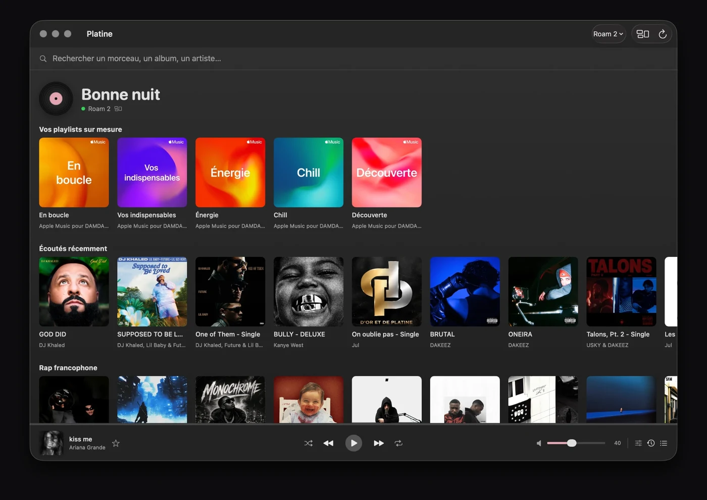 Platine sur Mac : vos playlists Apple Music sur mesure, vos écoutes récentes et la barre de lecture en bas de la fenêtre